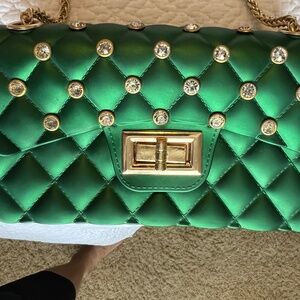 God Forbid $ Co. Green Jeweled Purse with Gold Chain and cross